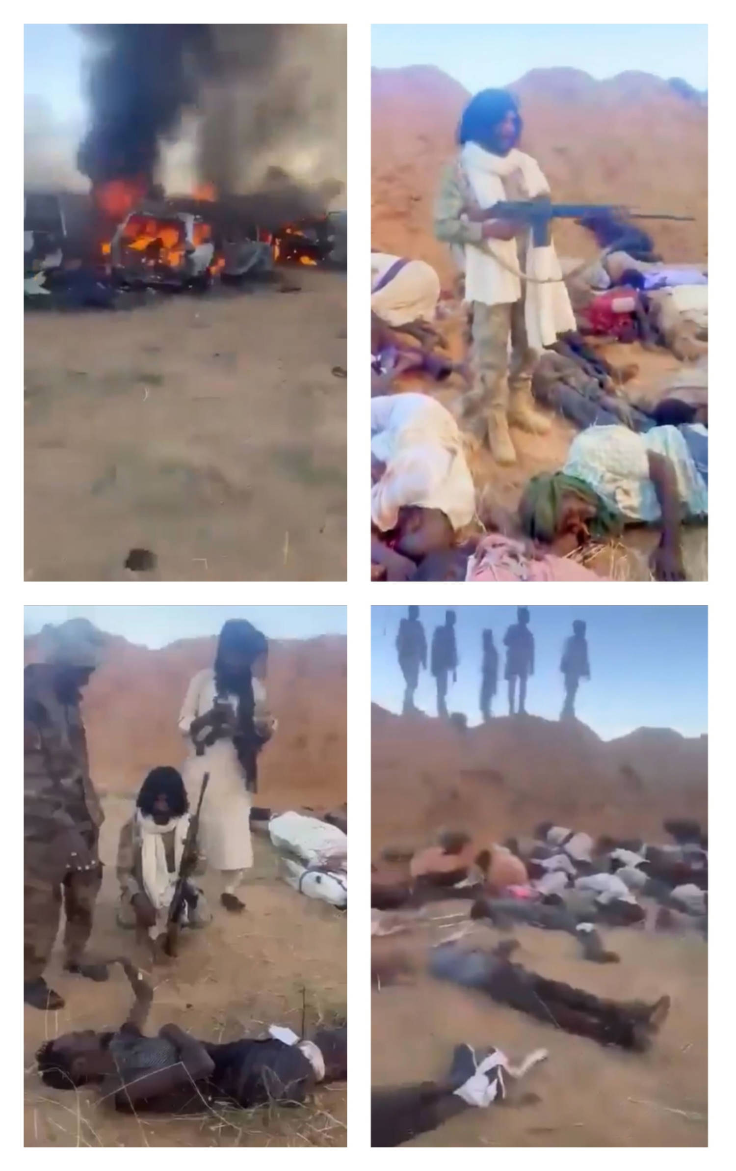 Seorang pria yang diduga merupakan komandan pemberontak Abu Lulu berdiri di antara jenazah dan berbicara kepada seorang pria yang terluka sebelum menembaknya hingga tewas (media sosial).